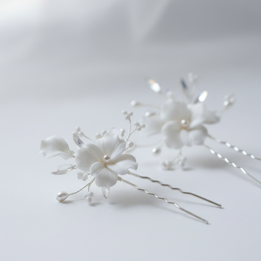 White porcelain flower bridal jewellery set with pearl beads in silver-tone finish