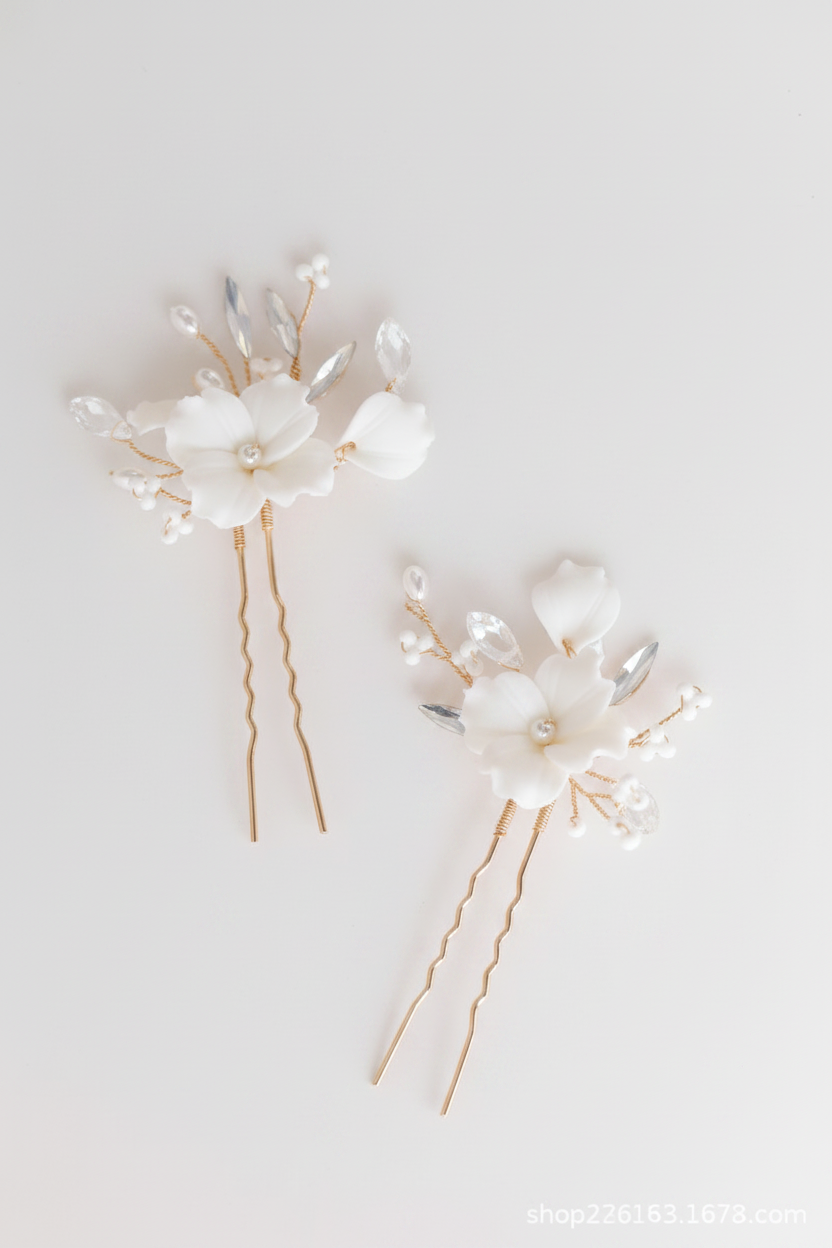White porcelain flower bridal jewellery set with pearl beads in gold-tone finish