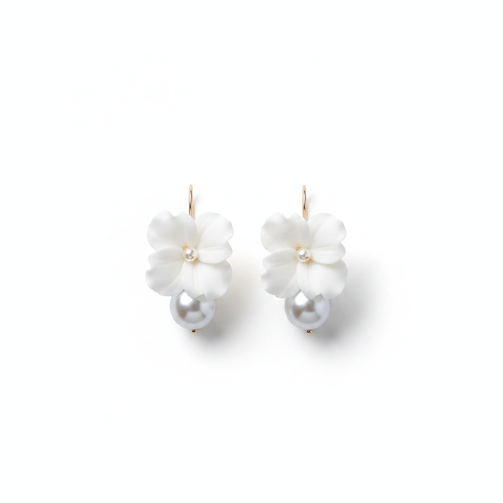 Handmade white porcelain flower drop earrings with pearl bead details, 5cm lightweight bridal earrings