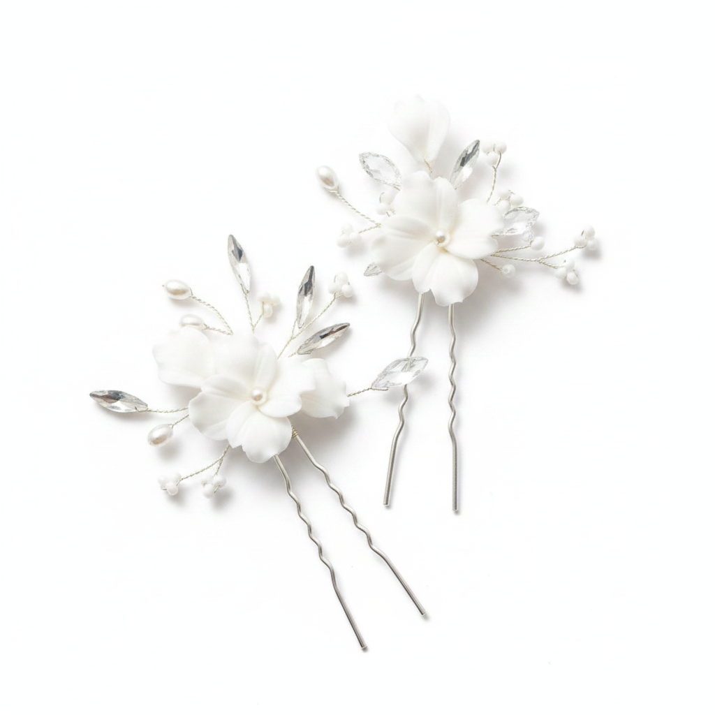 White porcelain flower bridal jewellery set with pearl beads in silver-tone finish