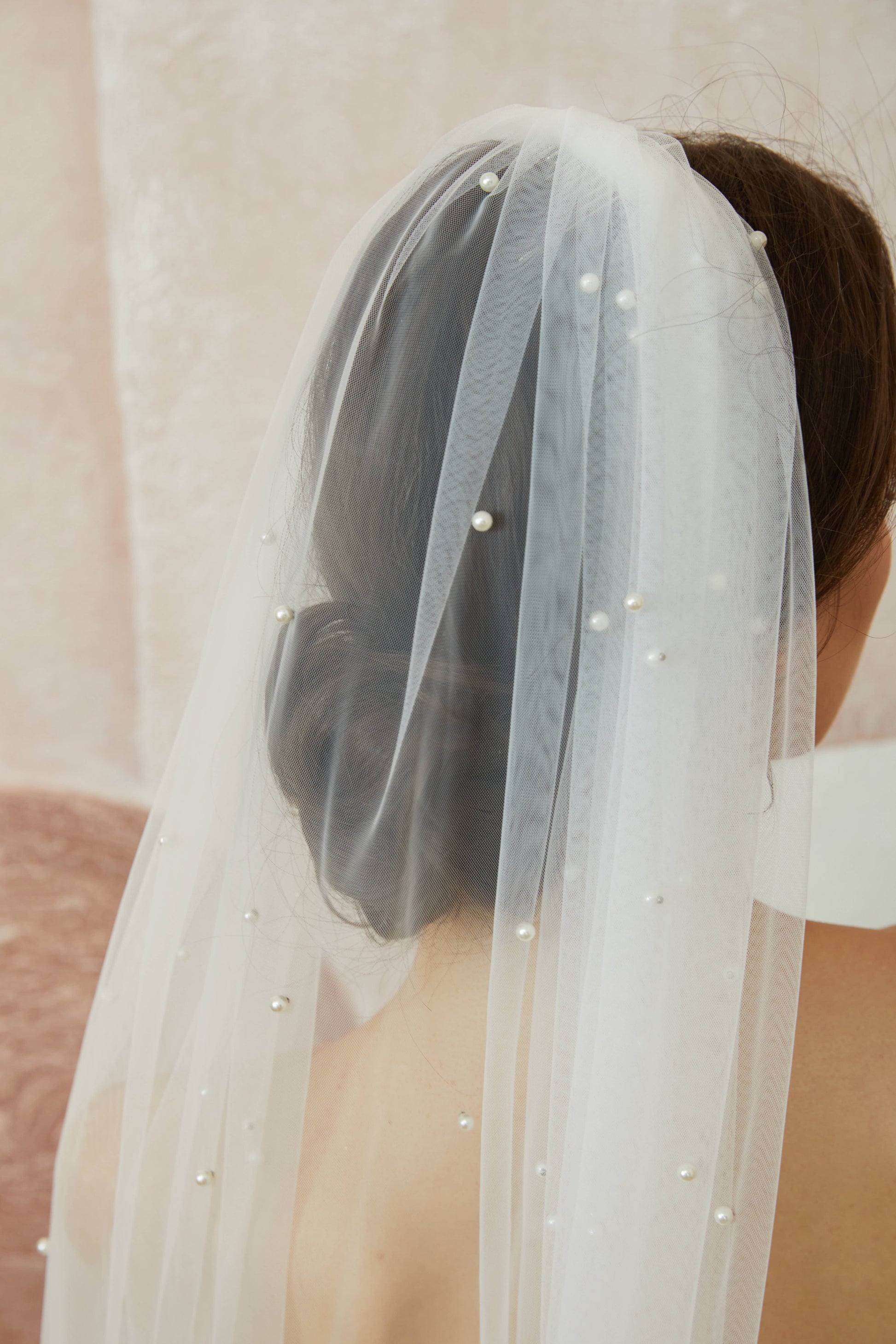 Tulle Long Bridal Veil with Pearls.