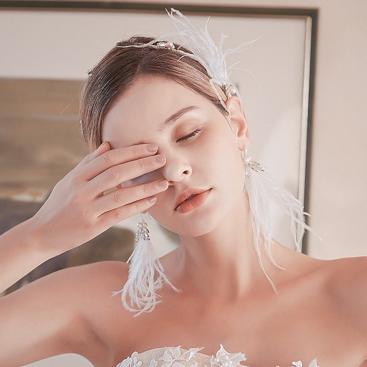 Bridal Handmade Feather Headband Headpiece with Earrings.