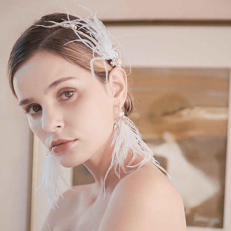 Bridal Handmade Feather Headband Headpiece with Earrings.