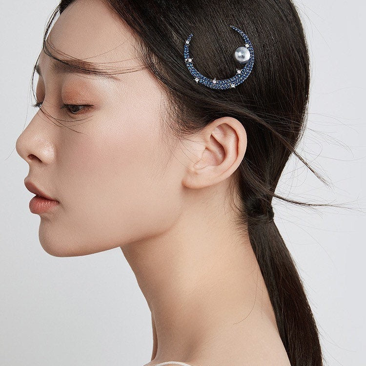 Geometric Blue Moon Hair Clip with Pearl.