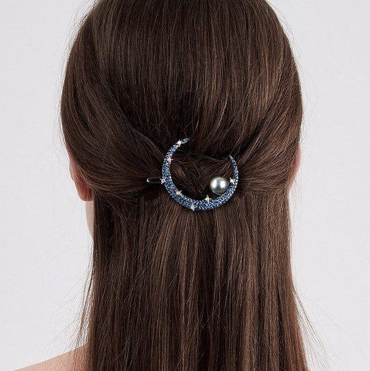 Geometric Blue Moon Hair Clip with Pearl.