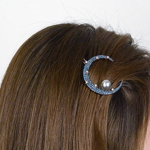 Geometric Blue Moon Hair Clip with Pearl.