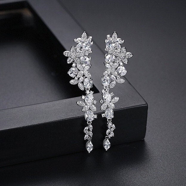 Long Crystal Bridal Earrings.