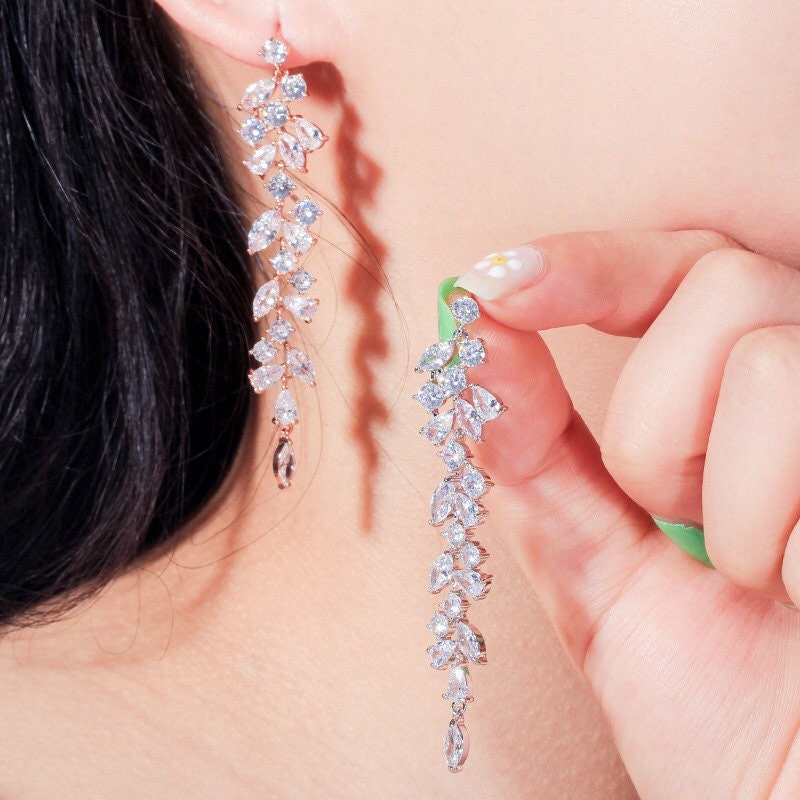 Long Dainty Crystal Bridal Earrings.