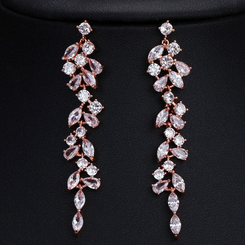 Long Dainty Crystal Bridal Earrings.