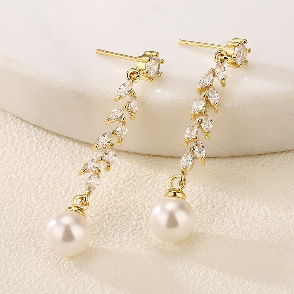 Long Leaf Crystal and Pearl Bridal Earrings.