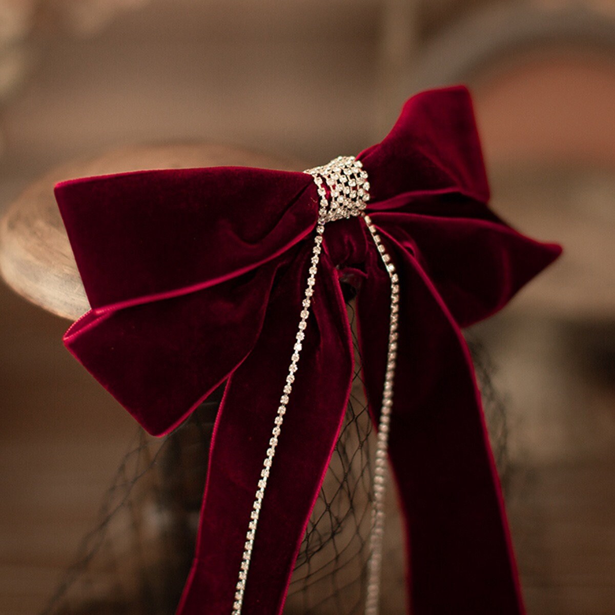 Long Velvet Bow Hair Clip with a Black Veil.