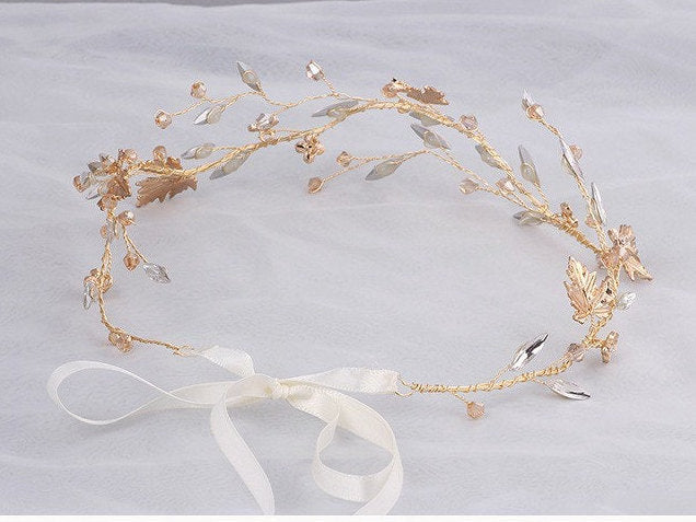 Handmade Gold Leaf Bridal Headband, Headpiece for Women, Wedding Bridal Bridesmaid Hair Accessories UK, Bridal Hair Vine, Hair Jewellery
