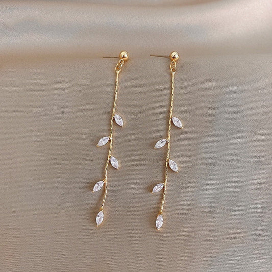 14K Gold Long Olive Leaf Dangle Drop Earrings.