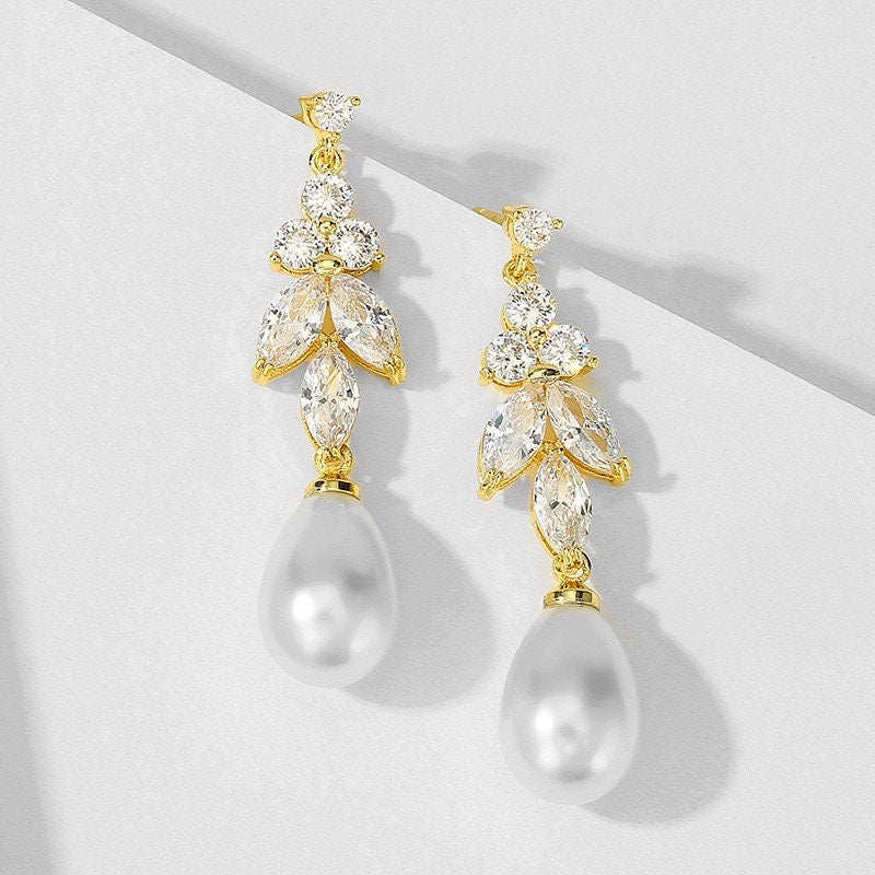 Cubic Zirconia Bridal Earrings with Pearl Drop.