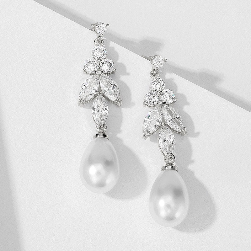 Cubic Zirconia Bridal Earrings with Pearl Drop.