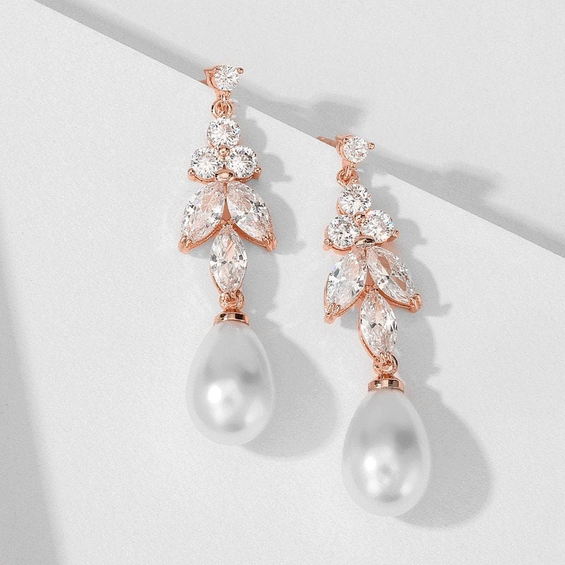 Cubic Zirconia Bridal Earrings with Pearl Drop.