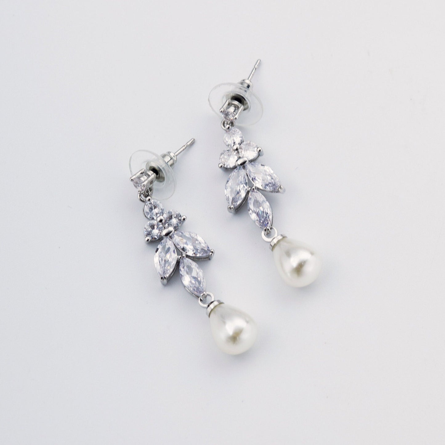 Cubic Zirconia Bridal Earrings with Pearl Drop.