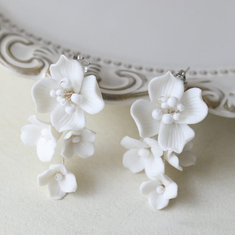 White Porcelain Flower Bridal Earrings.