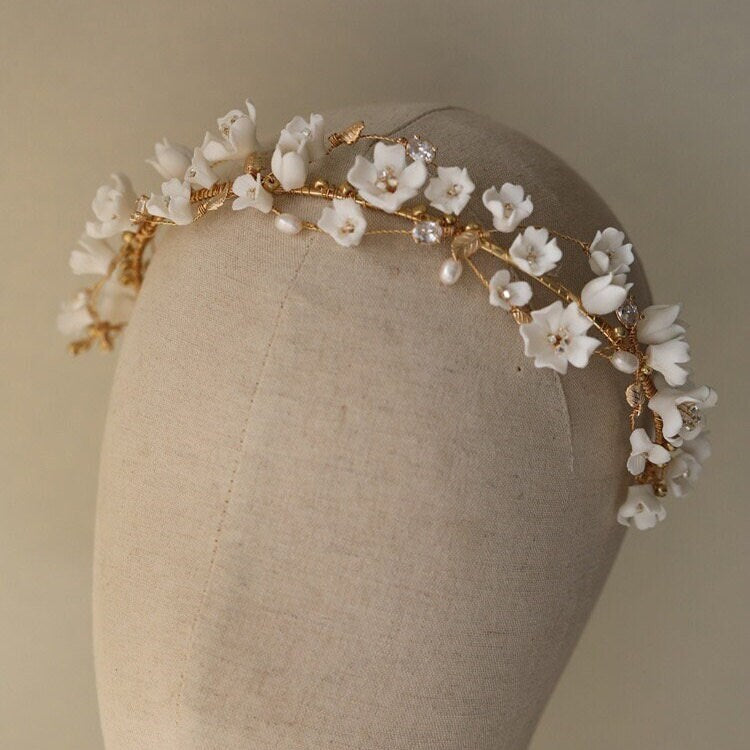 Delicate Porcelain Floral Bridal Headband with Pearls and Crystals