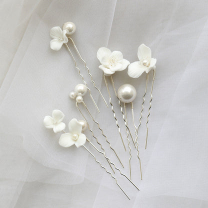 Set of 6 Delicate Pearl and Porcelain Floral Bridal Hairpin