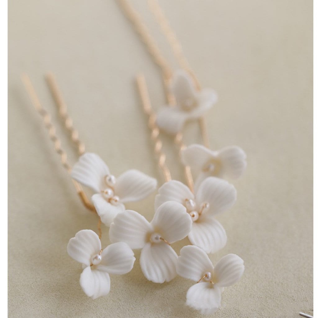 Set aus 3 Braut-Haarnadeln mit Blumenmuster aus zarten Perlen und Porzellan