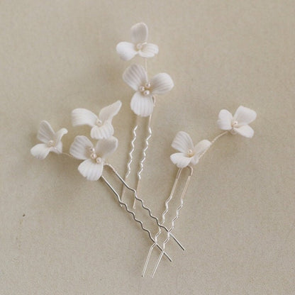 Set of 3  Delicate Pearl and Porcelain Floral Bridal Hairpin