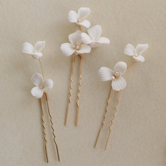 Set of 3  Delicate Pearl and Porcelain Floral Bridal Hairpin