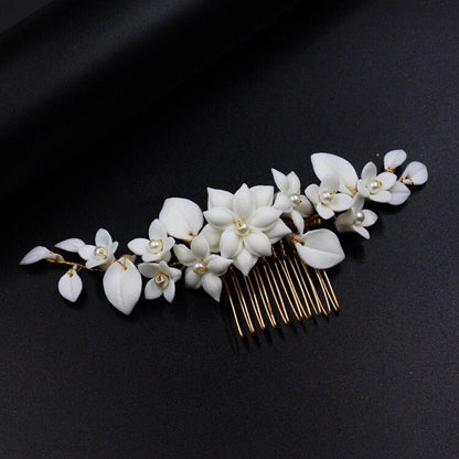 White Porcelain Floral Bridal Hair Comb