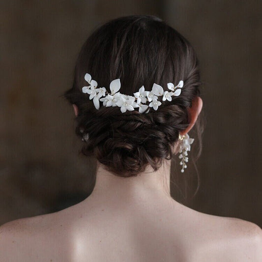 White Porcelain Floral Bridal Hair Comb