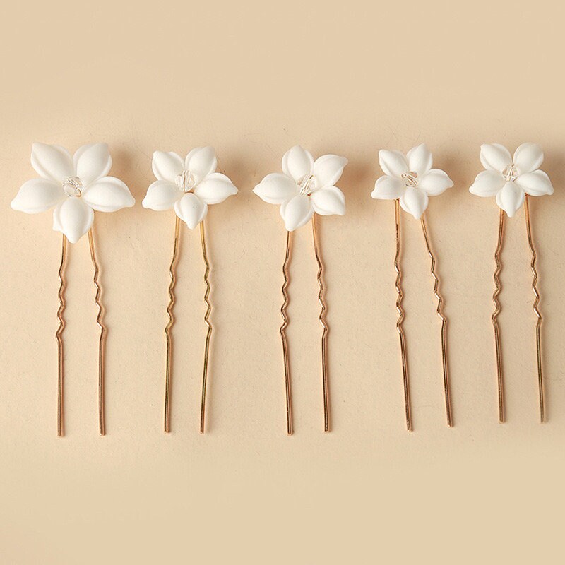White Porcelain Flower Wedding Hair Pins