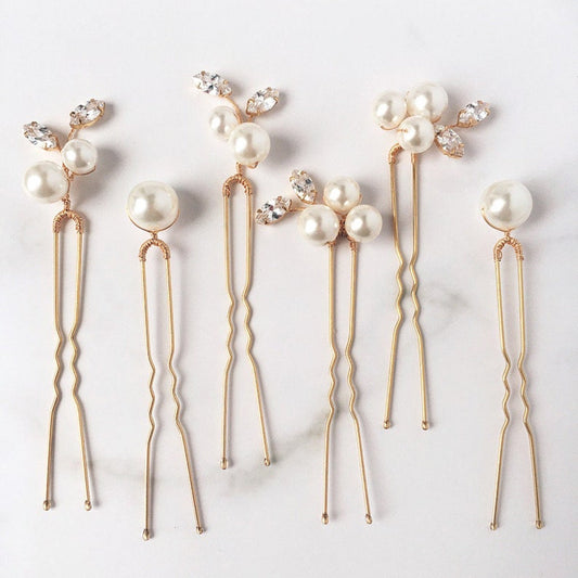 Set of 6 Bridal Pearl and Crystal  Hairpins