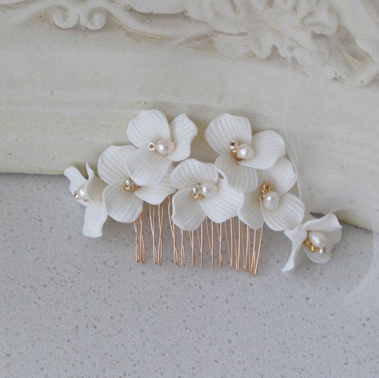 gold Flowers and Pearl Wedding Hair comb