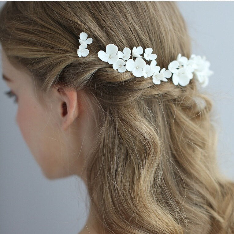 White Porcelain Floral Bridal Hair Comb and Hair Pins