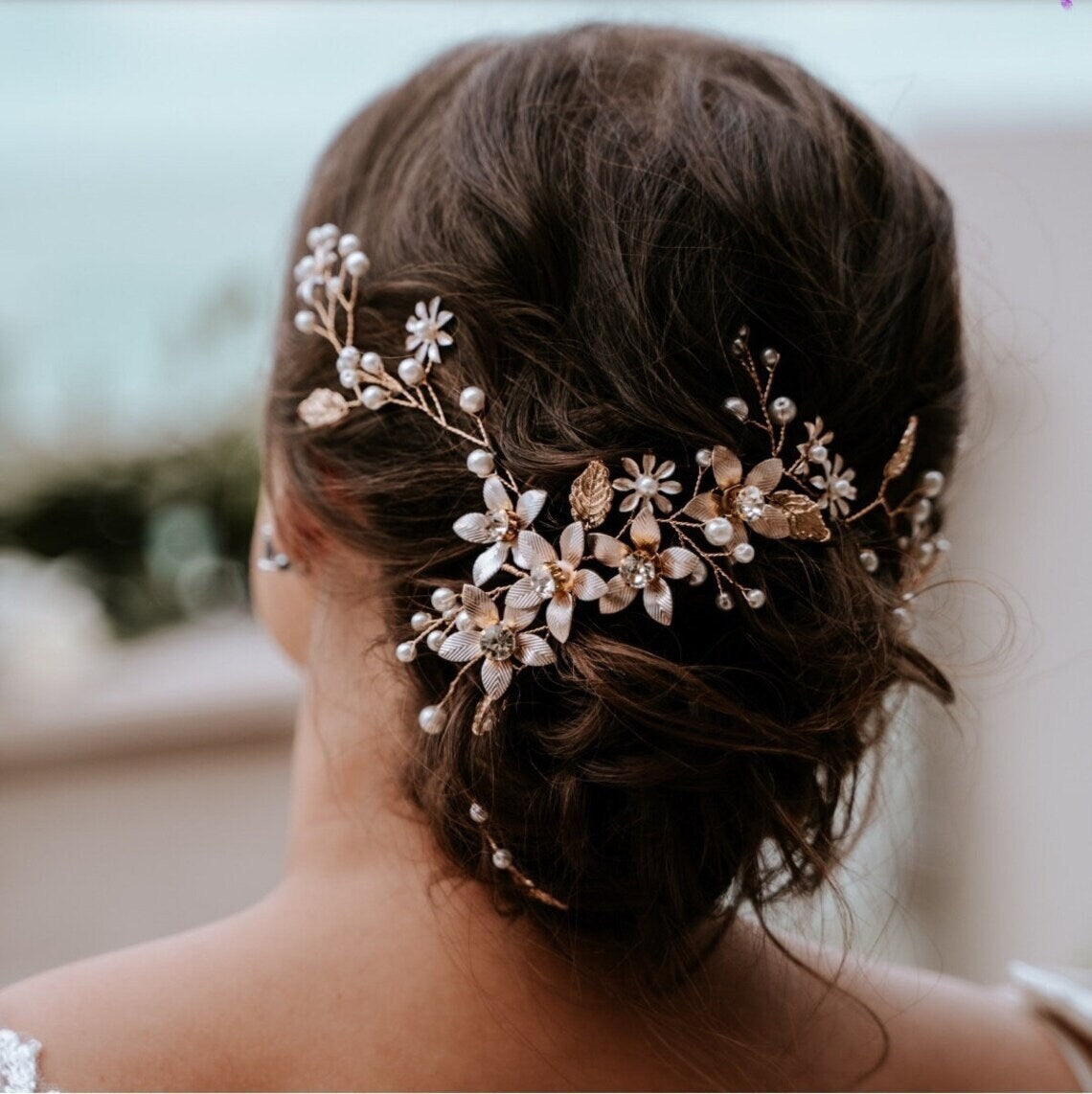 Pearl, Leaf and Crystal Wedding Bridal Hair Vine