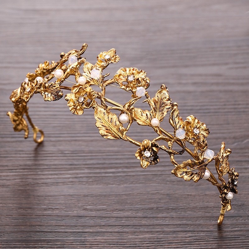 Gold Vintage Floral Pearl Wedding Tiara